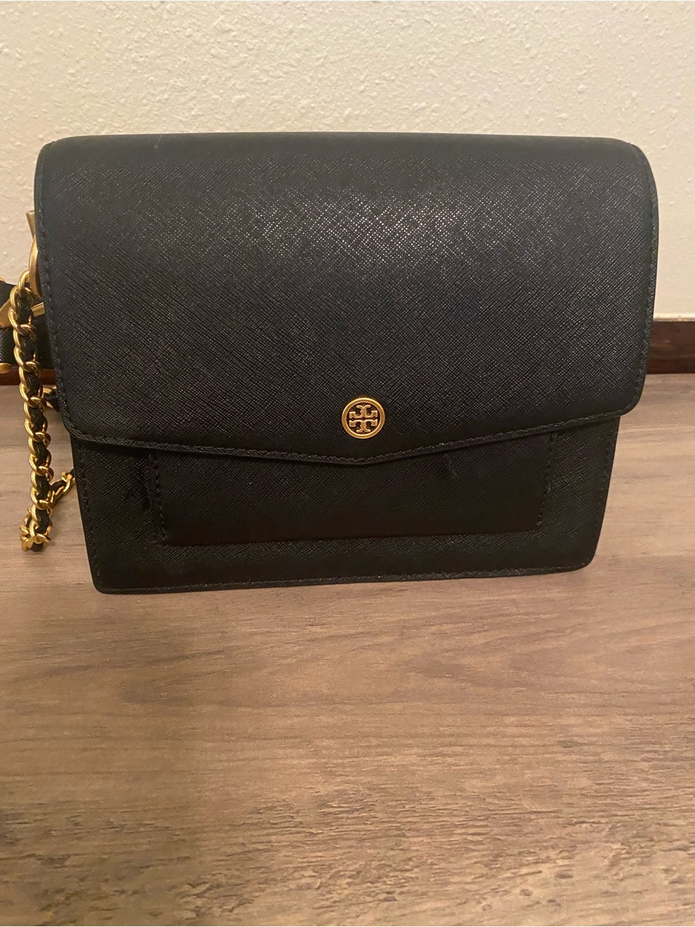Tory Burch Black Leather Crossbody with Gold Chain